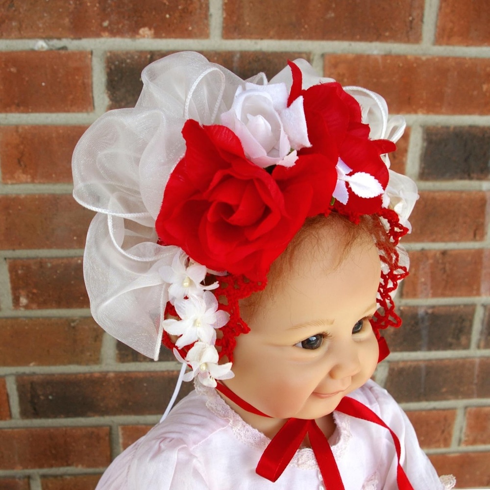 Red & White Victorian Princess Bonnet - 1-3 Months
